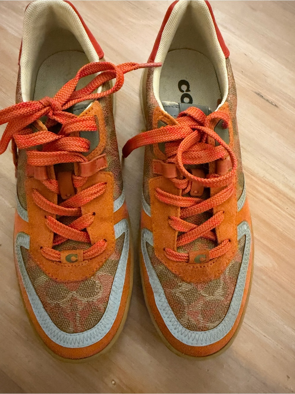 Coach Kids Orange and Cream Logo-Print Lace-Up Sneakers